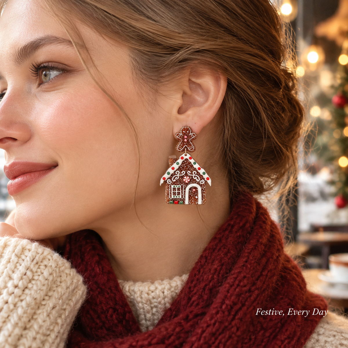 Glitter Gingerbread House & Gingerbread Man Dangle Earrings for Women, Cute Christmas Drop Earrings, Festive Xmas Holiday Party Statement Jewelry Gift