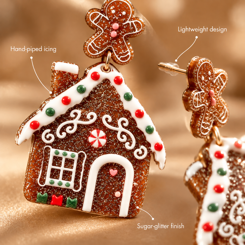 Glitter Gingerbread House & Gingerbread Man Dangle Earrings for Women, Cute Christmas Drop Earrings, Festive Xmas Holiday Party Statement Jewelry Gift