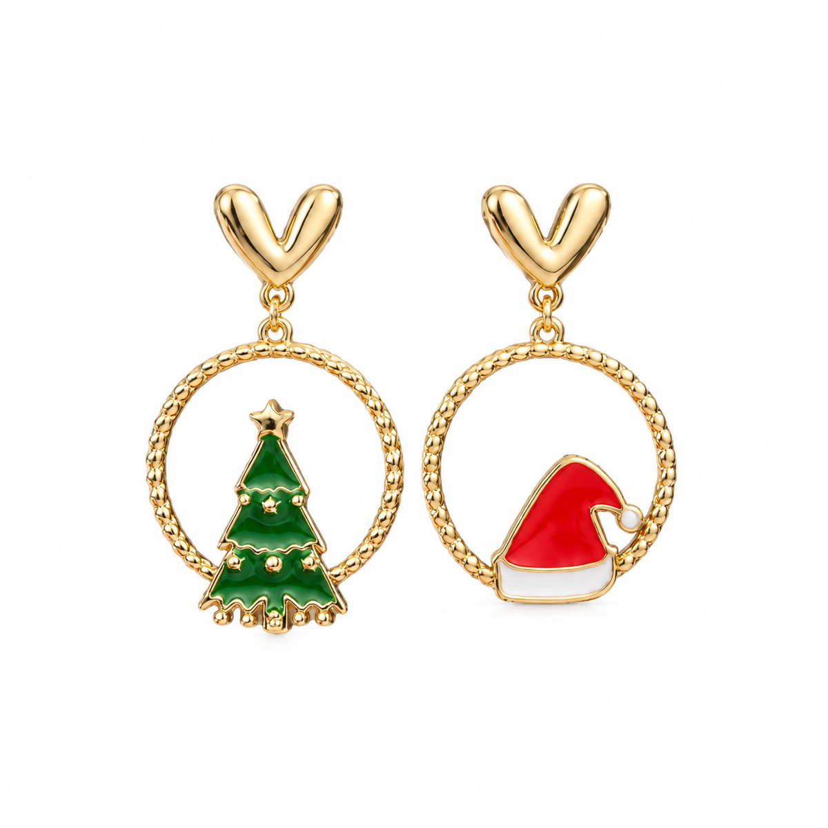 Mismatched Christmas Tree & Santa Hat Dangle Earrings for Women, Gold Plated Heart Top Enamel Drop Earrings, Festive Xmas Holiday Party Jewelry Gift