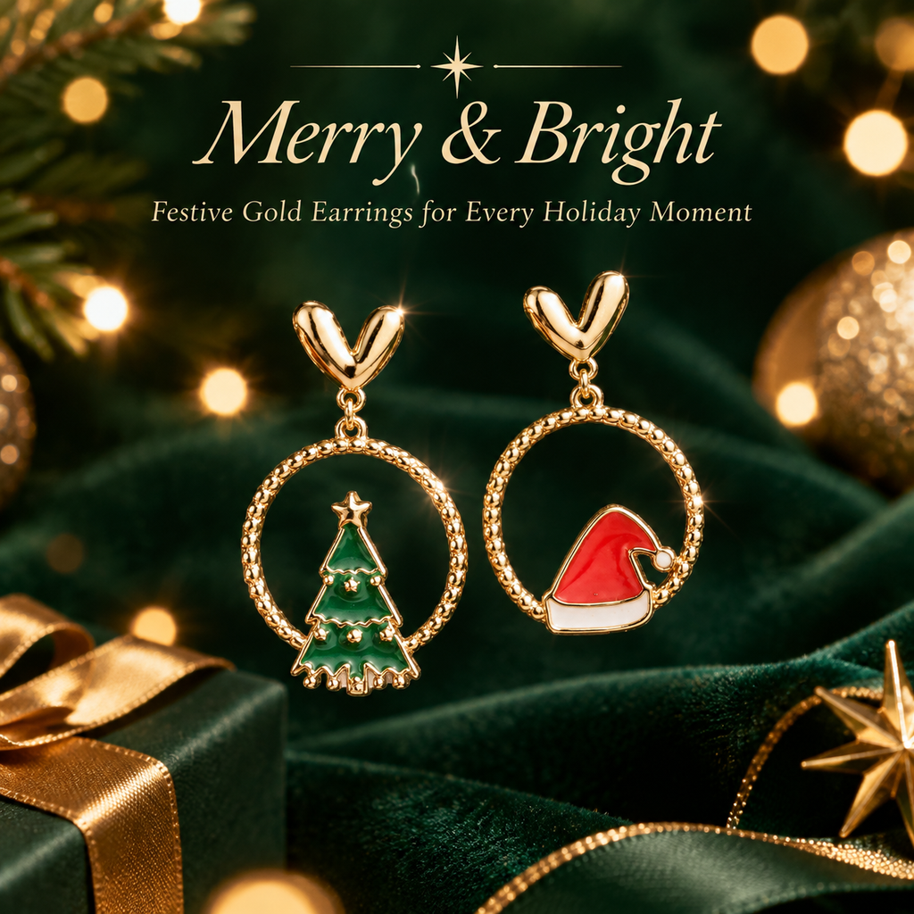 Mismatched Christmas Tree & Santa Hat Dangle Earrings for Women, Gold Plated Heart Top Enamel Drop Earrings, Festive Xmas Holiday Party Jewelry Gift