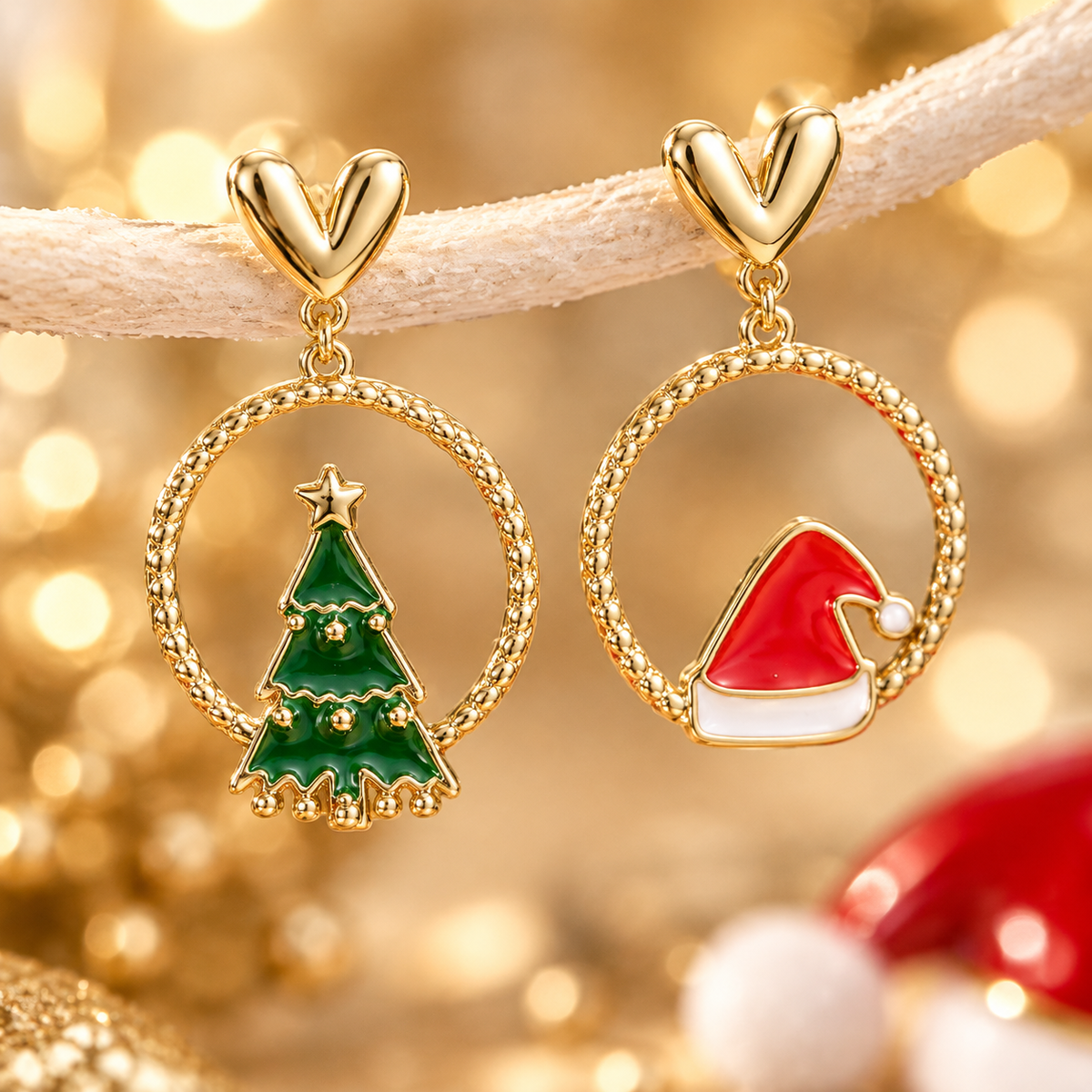 Mismatched Christmas Tree & Santa Hat Dangle Earrings for Women, Gold Plated Heart Top Enamel Drop Earrings, Festive Xmas Holiday Party Jewelry Gift