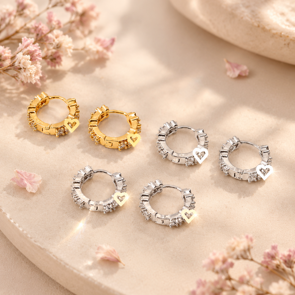 Heart Charm Cubic Zirconia Huggie Hoop Earrings for Women, Dainty Small Zircon Hoop Earrings, Gold & Silver Plated Daily Wear Jewelry Gift