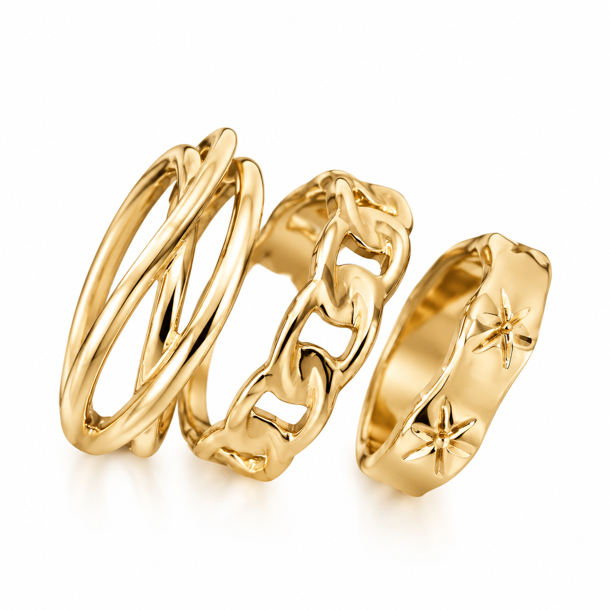 3Pcs Minimalist Gold Stackable Ring Set for Women, Adjustable Open Rings, Twisted Chain Starfish Wave Band Rings, Waterproof Daily Fashion Jewelry