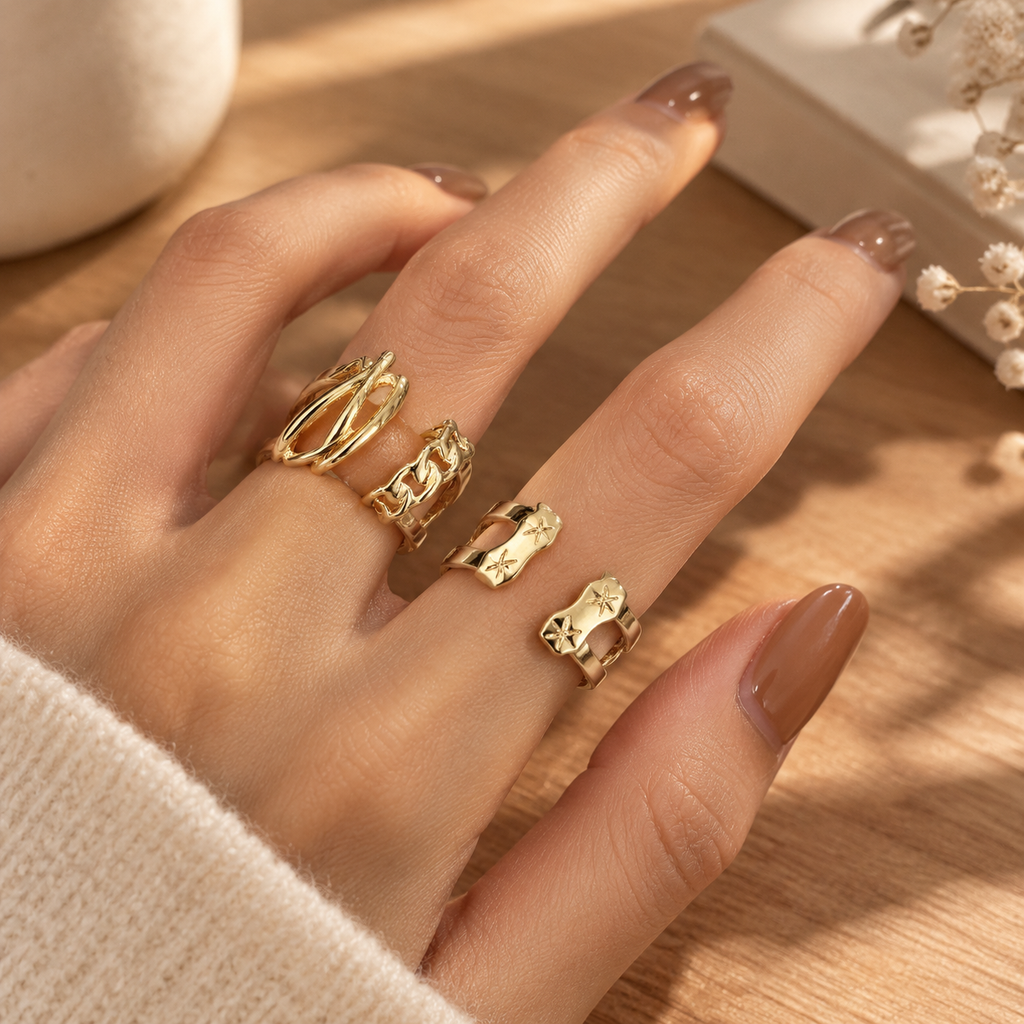 3Pcs Minimalist Gold Stackable Ring Set for Women, Adjustable Open Rings, Twisted Chain Starfish Wave Band Rings, Waterproof Daily Fashion Jewelry