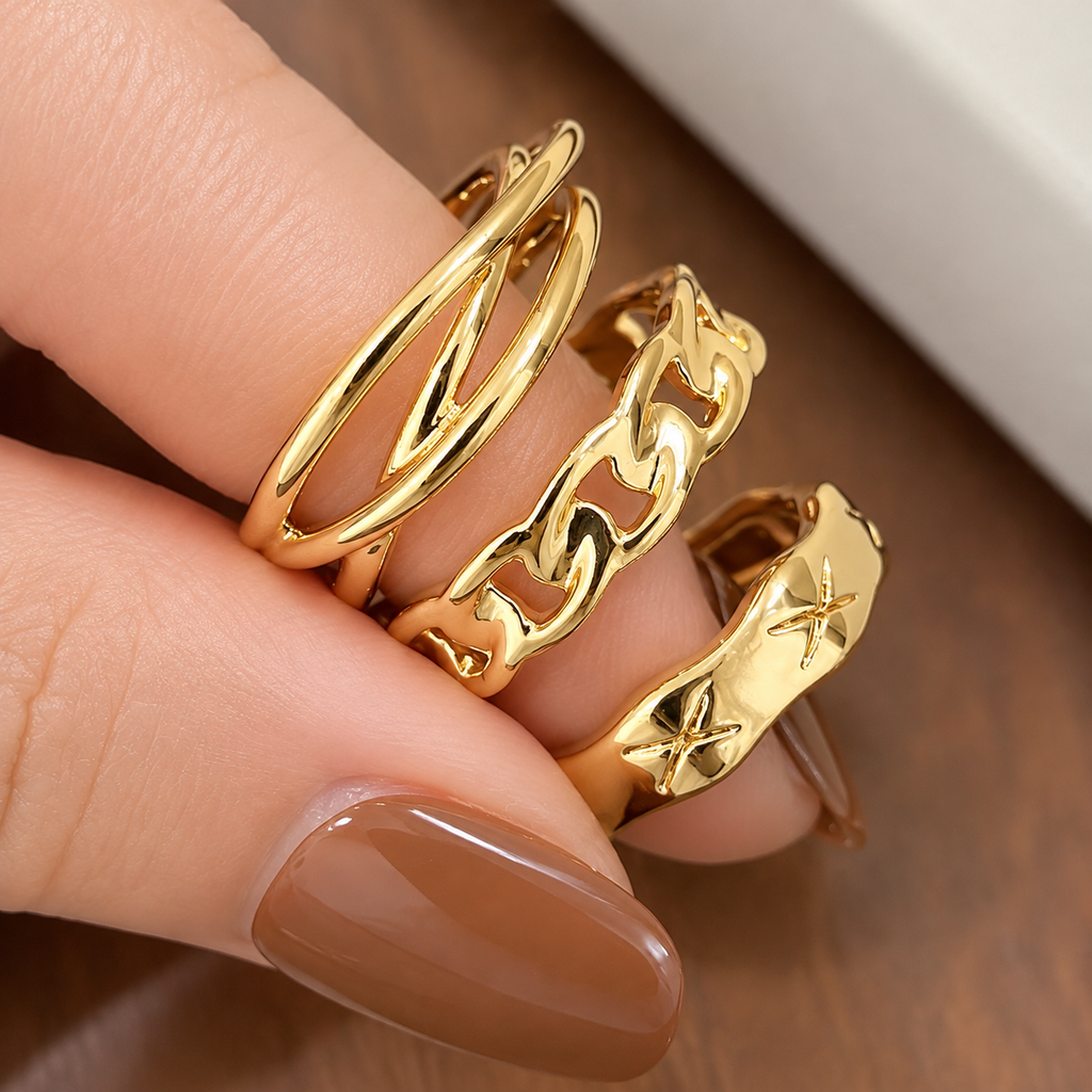 3Pcs Minimalist Gold Stackable Ring Set for Women, Adjustable Open Rings, Twisted Chain Starfish Wave Band Rings, Waterproof Daily Fashion Jewelry