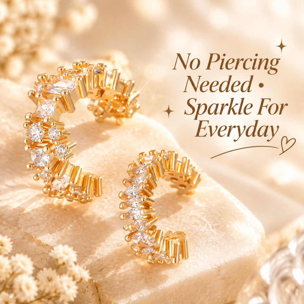 2Pcs Gold Plated Cubic Zirconia Ear Cuff Set for Women, No Piercing CZ Crystal Ear Cuffs, Sparkling Non-Pierced Cartilage Ear Clips, Trendy Stackable Jewelry Gift