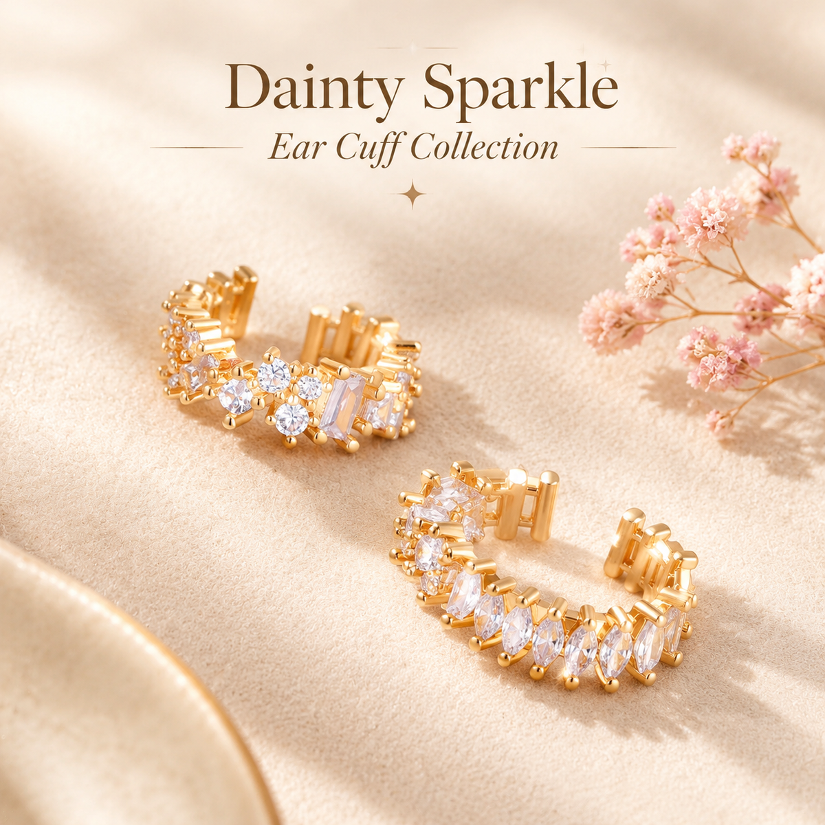 2Pcs Gold Plated Cubic Zirconia Ear Cuff Set for Women, No Piercing CZ Crystal Ear Cuffs, Sparkling Non-Pierced Cartilage Ear Clips, Trendy Stackable Jewelry Gift