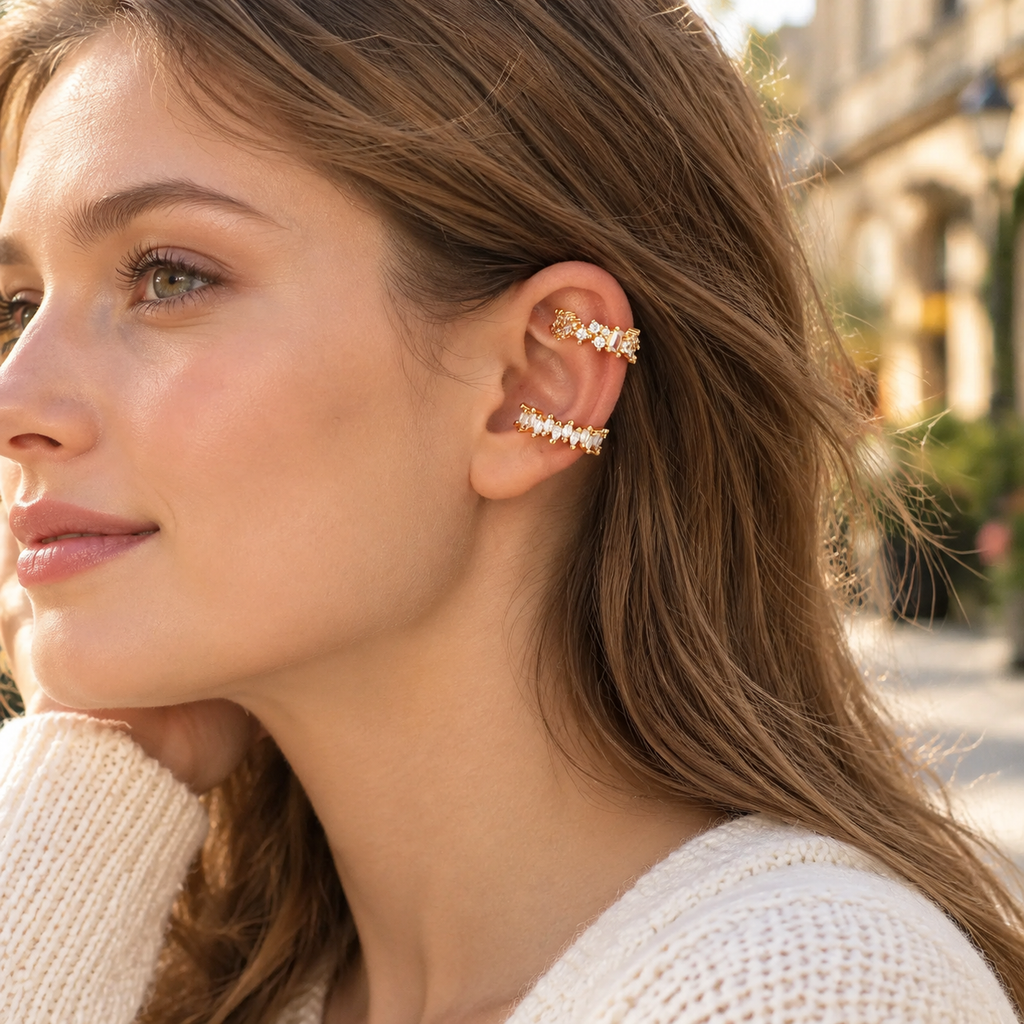 2Pcs Gold Plated Cubic Zirconia Ear Cuff Set for Women, No Piercing CZ Crystal Ear Cuffs, Sparkling Non-Pierced Cartilage Ear Clips, Trendy Stackable Jewelry Gift
