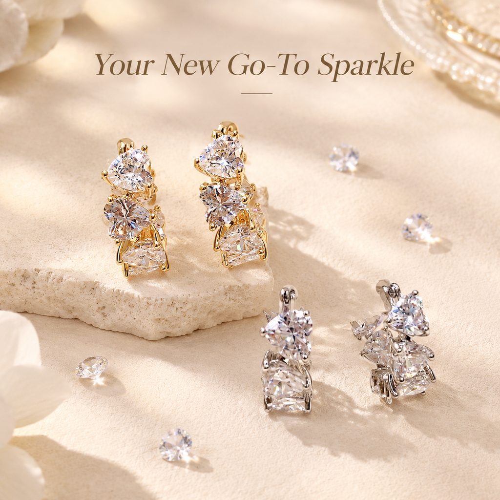 Heart Cubic Zirconia Huggie Hoop Earrings for Women, 3 Stacked Heart CZ Huggie Earrings, Gold & Silver Plated Sparkling Fashion Jewelry Gift