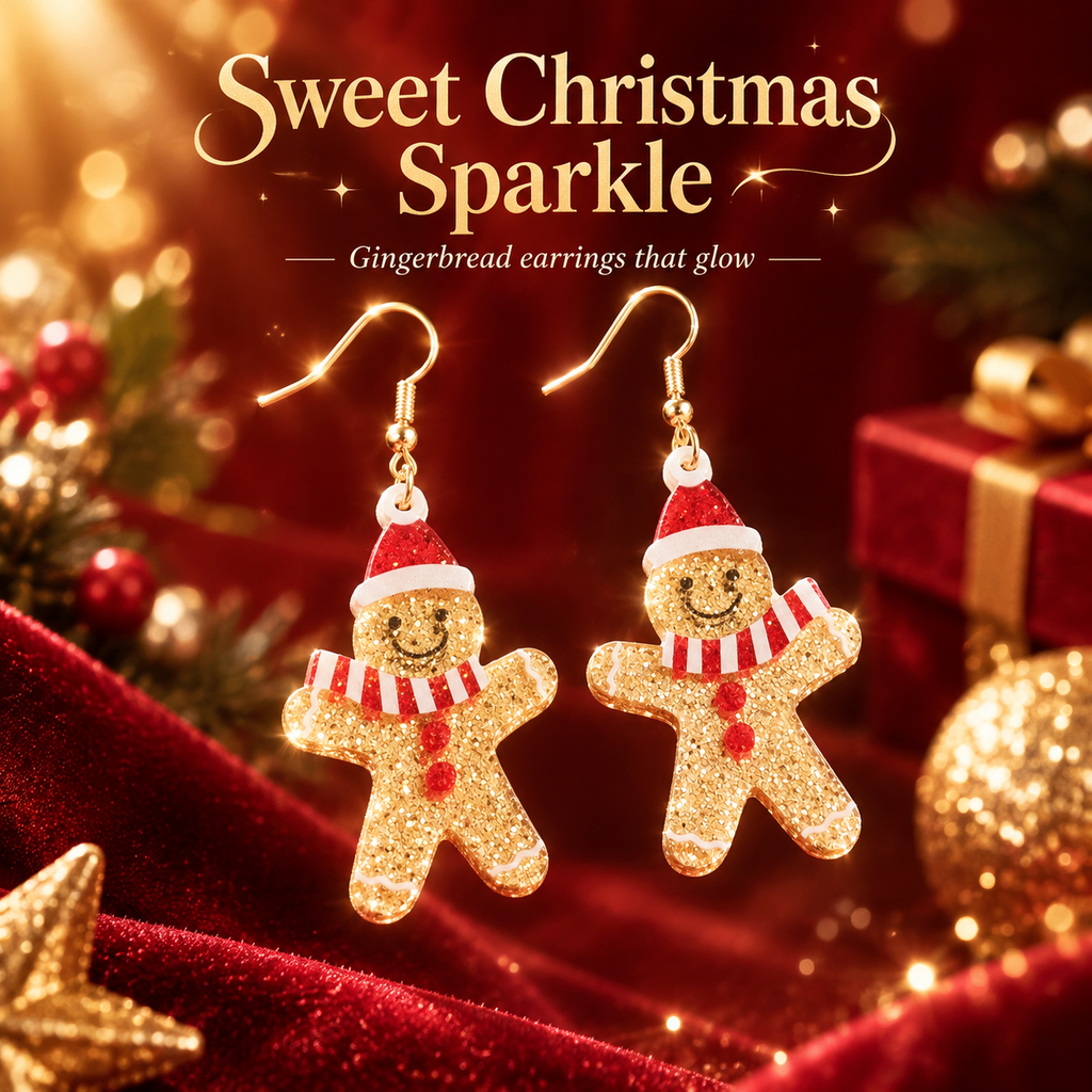Glitter Gingerbread Man Dangle Earrings for Women, Cute Christmas Drop Earrings with Santa Hat, Festive Xmas Holiday Party Jewelry Gift