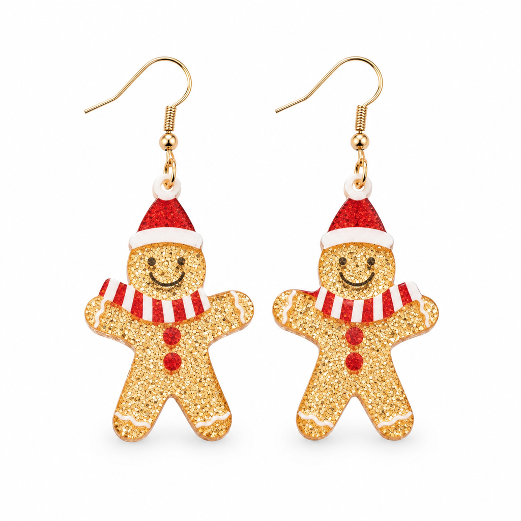 Glitter Gingerbread Man Dangle Earrings for Women, Cute Christmas Drop Earrings with Santa Hat, Festive Xmas Holiday Party Jewelry Gift