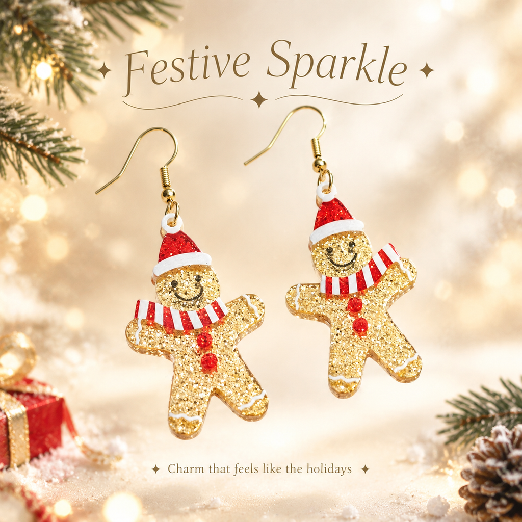 Glitter Gingerbread Man Dangle Earrings for Women, Cute Christmas Drop Earrings with Santa Hat, Festive Xmas Holiday Party Jewelry Gift
