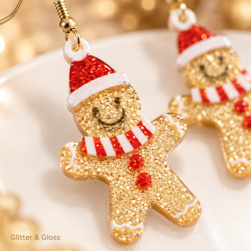 Glitter Gingerbread Man Dangle Earrings for Women, Cute Christmas Drop Earrings with Santa Hat, Festive Xmas Holiday Party Jewelry Gift