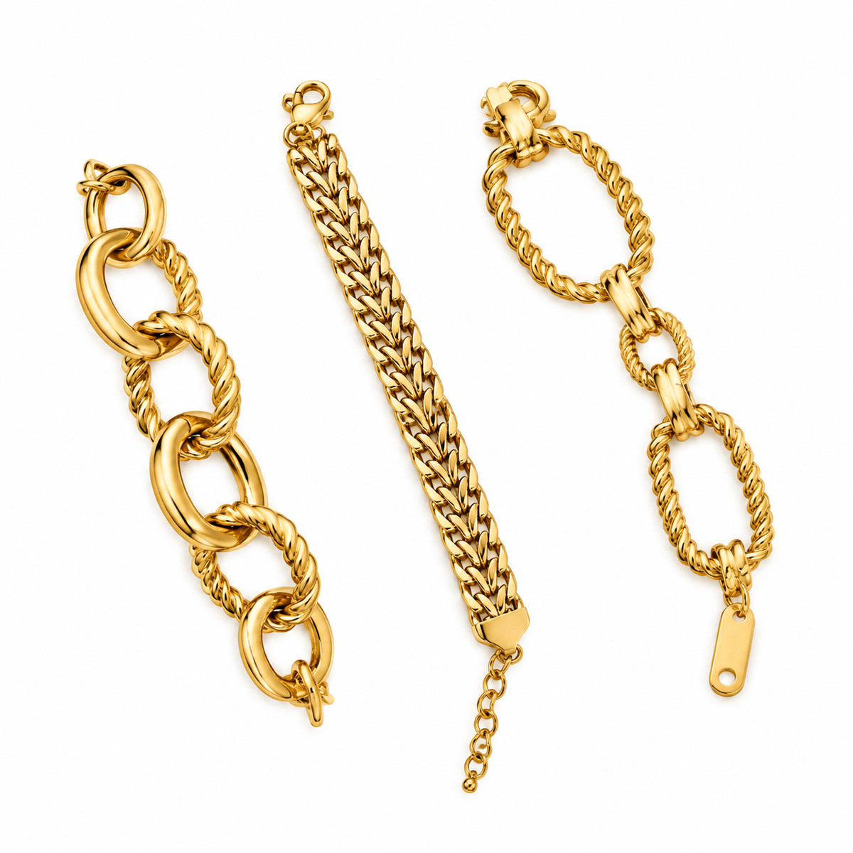 3Pcs Gold Plated Stackable Bracelet Set for Women, Chunky Paperclip Figaro Wheat Chain Bracelets, Non Tarnish Fashion Layered Jewelry Gift