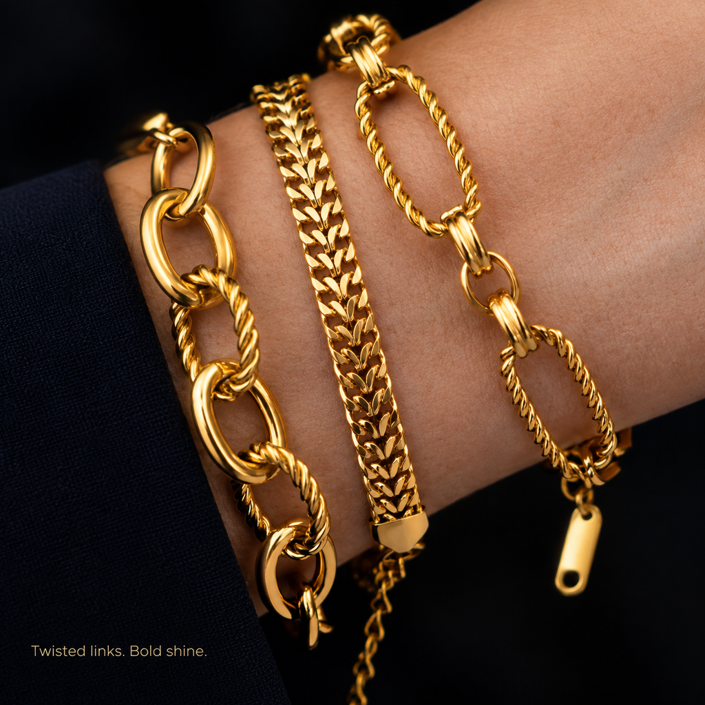 3Pcs Gold Plated Stackable Bracelet Set for Women, Chunky Paperclip Figaro Wheat Chain Bracelets, Non Tarnish Fashion Layered Jewelry Gift