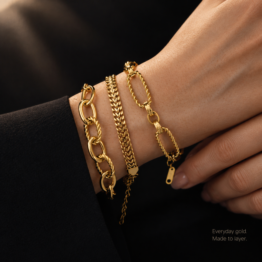 3Pcs Gold Plated Stackable Bracelet Set for Women, Chunky Paperclip Figaro Wheat Chain Bracelets, Non Tarnish Fashion Layered Jewelry Gift