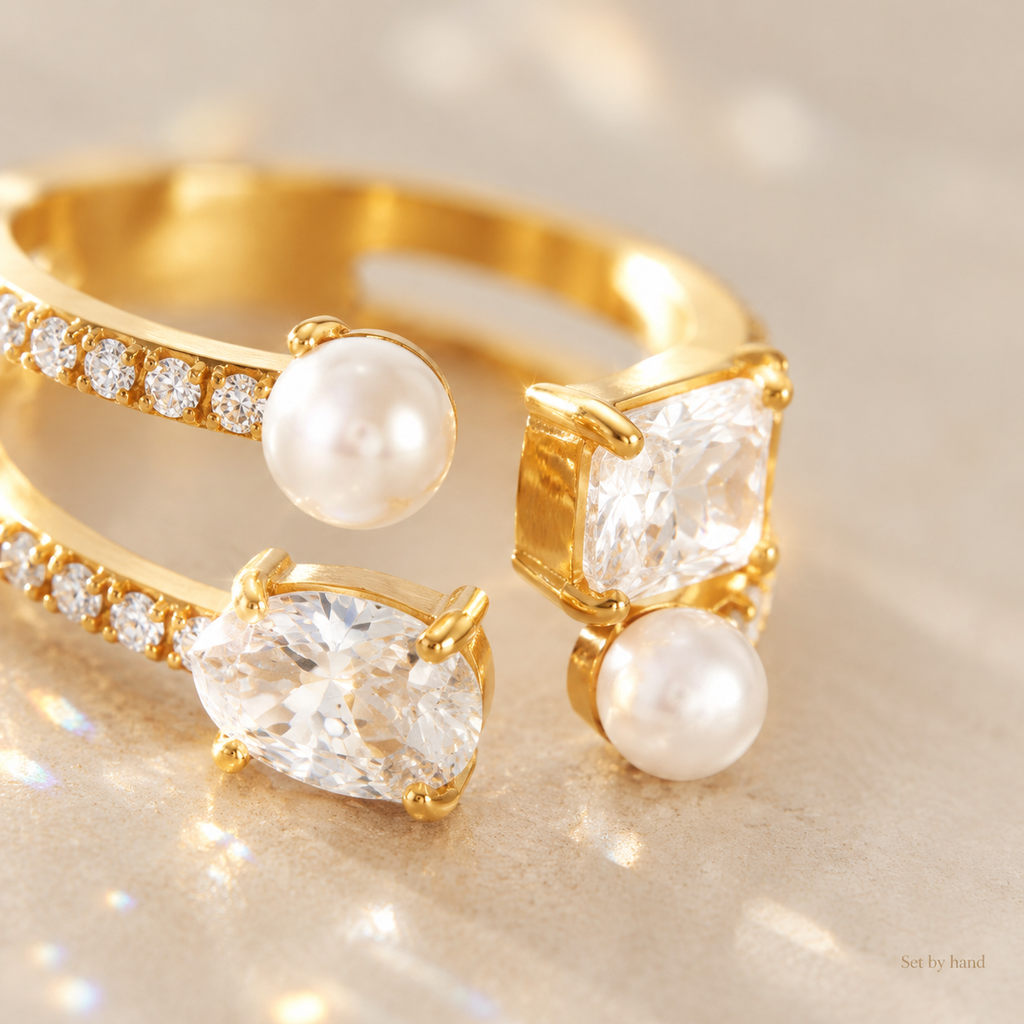 Gold Open Ring for Women, Single Piece Sold, Pearl & Multi Shape CZ Crystal Adjustable Stackable Ring, Elegant Stainless Steel Statement Jewelry Gift
