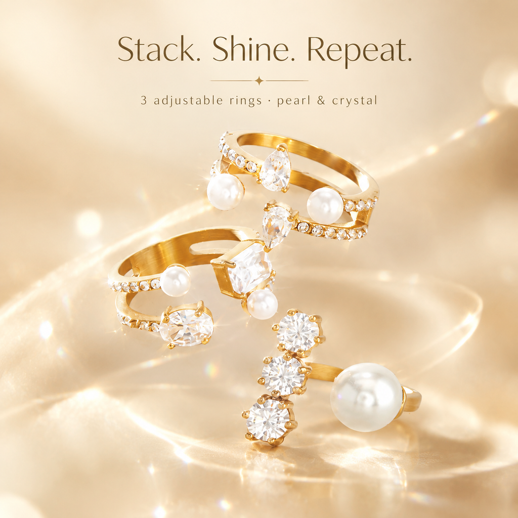 Gold Open Ring for Women, Single Piece Sold, Pearl & Multi Shape CZ Crystal Adjustable Stackable Ring, Elegant Stainless Steel Statement Jewelry Gift