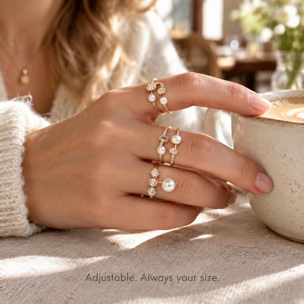 Gold Open Ring for Women, Single Piece Sold, Pearl & Multi Shape CZ Crystal Adjustable Stackable Ring, Elegant Stainless Steel Statement Jewelry Gift