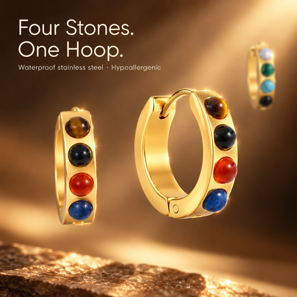 Gold Stainless Steel Huggie Hoop Earrings for Women, Colorful Natural Stone Inlaid Chunky Hoop Earrings, Waterproof Hypoallergenic Statement Jewelry, 2 Styles Available