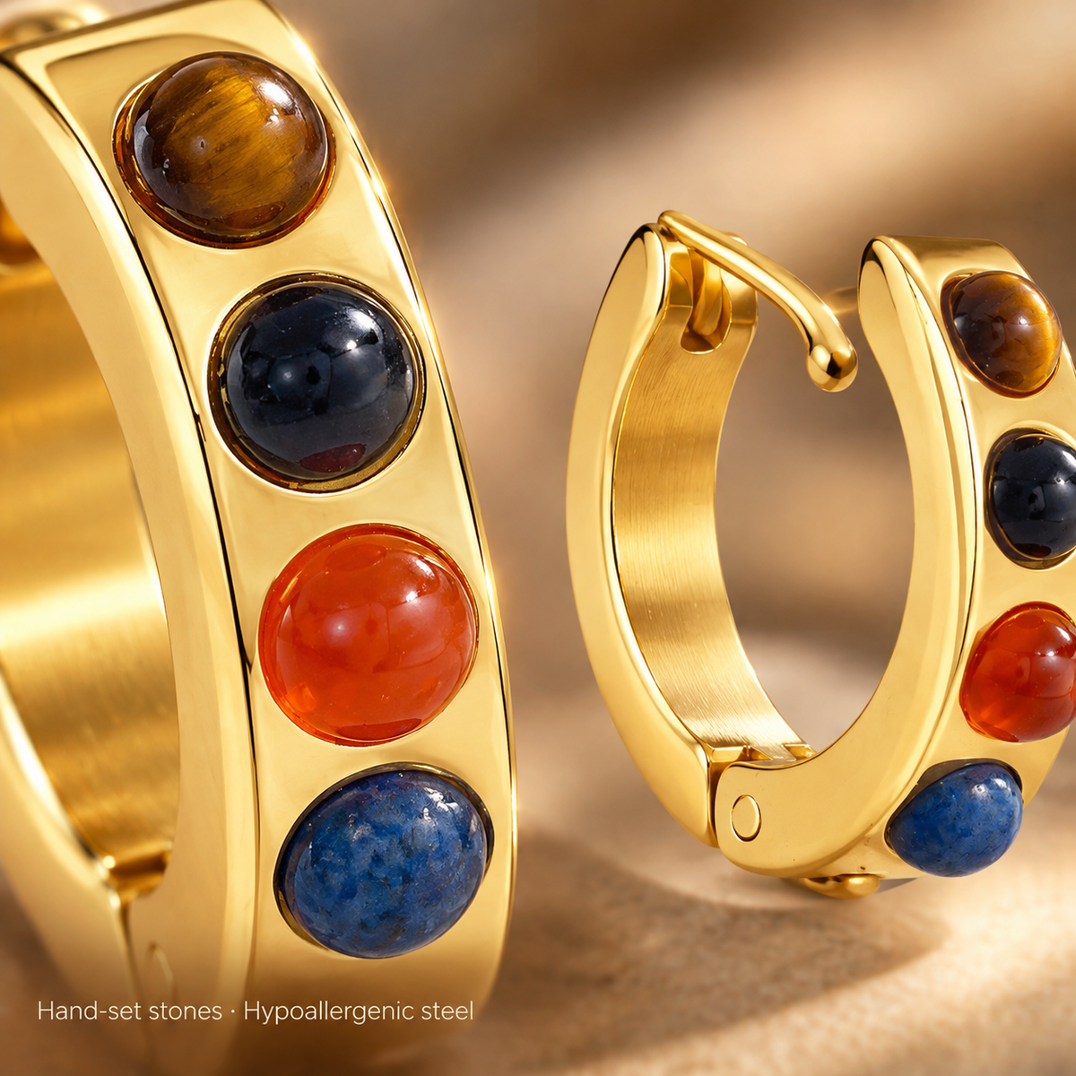 Gold Stainless Steel Huggie Hoop Earrings for Women, Colorful Natural Stone Inlaid Chunky Hoop Earrings, Waterproof Hypoallergenic Statement Jewelry, 2 Styles Available