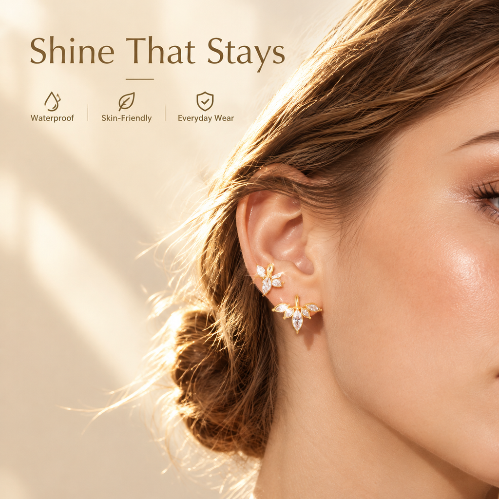 Gold Stainless Steel Ear Jacket Earrings for Women, Marquise CZ Crystal Front Back Wrap Earrings, Waterproof Hypoallergenic Statement Jewelry, 2 Styles Available