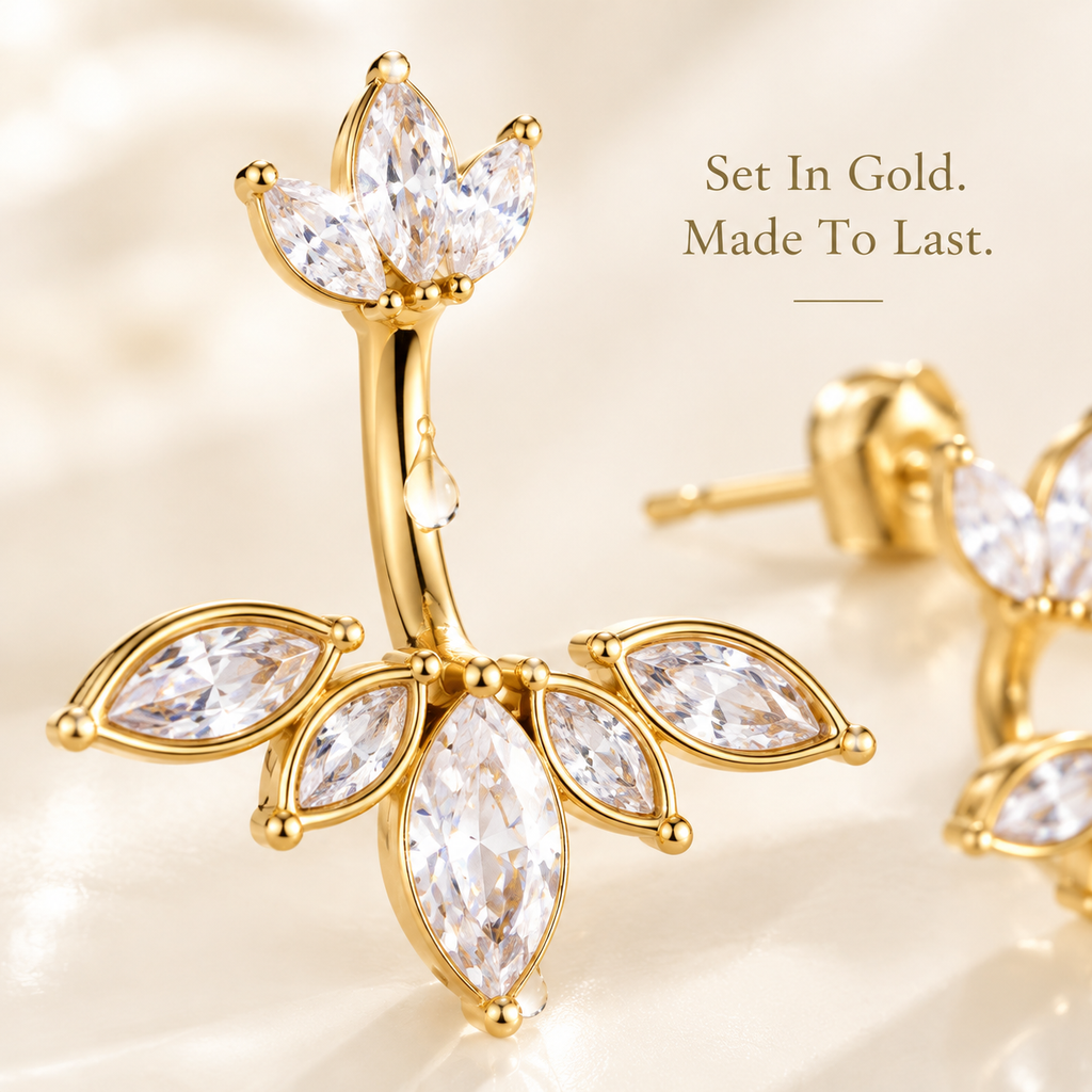 Gold Stainless Steel Ear Jacket Earrings for Women, Marquise CZ Crystal Front Back Wrap Earrings, Waterproof Hypoallergenic Statement Jewelry, 2 Styles Available