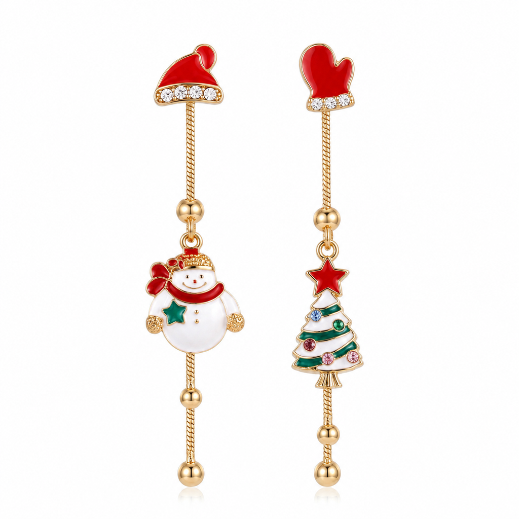 Mismatched Christmas Dangle Earrings for Women, Gold Plated Enamel Santa Gift Box Long Drop Earrings, Festive Xmas Holiday Party Jewelry Gift