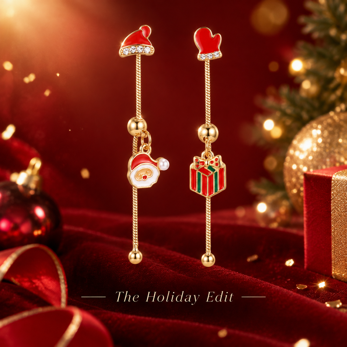 Mismatched Christmas Dangle Earrings for Women, Gold Plated Enamel Santa Gift Box Long Drop Earrings, Festive Xmas Holiday Party Jewelry Gift