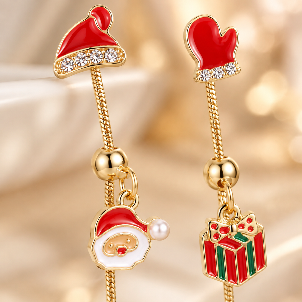 Mismatched Christmas Dangle Earrings for Women, Gold Plated Enamel Santa Gift Box Long Drop Earrings, Festive Xmas Holiday Party Jewelry Gift