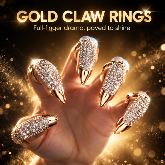 Gold Claw Finger Rings, Full Finger Nail Tip CZ Crystal Paved Claw Rings, Adjustable Statement Costume Rings for Party Cosplay Stage Show