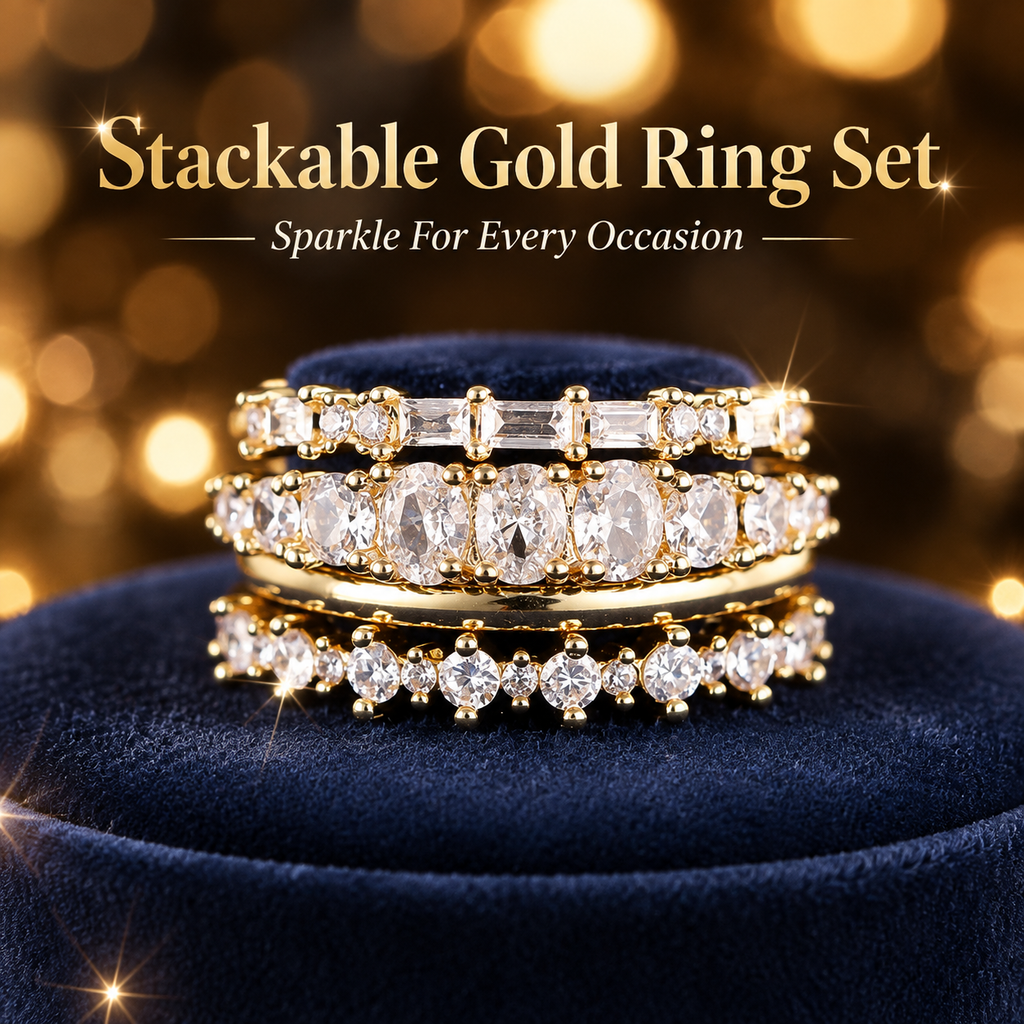 18K Gold Plated Stackable Ring Set, Cubic Zirconia Multi-Band Stacking Rings for Women, Sparkle Statement Rings