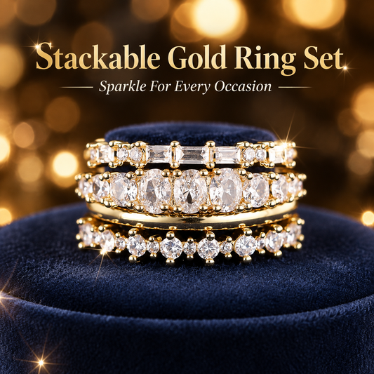 18K Gold Plated Stackable Ring Set, Cubic Zirconia Multi-Band Stacking Rings for Women, Sparkle Statement Rings