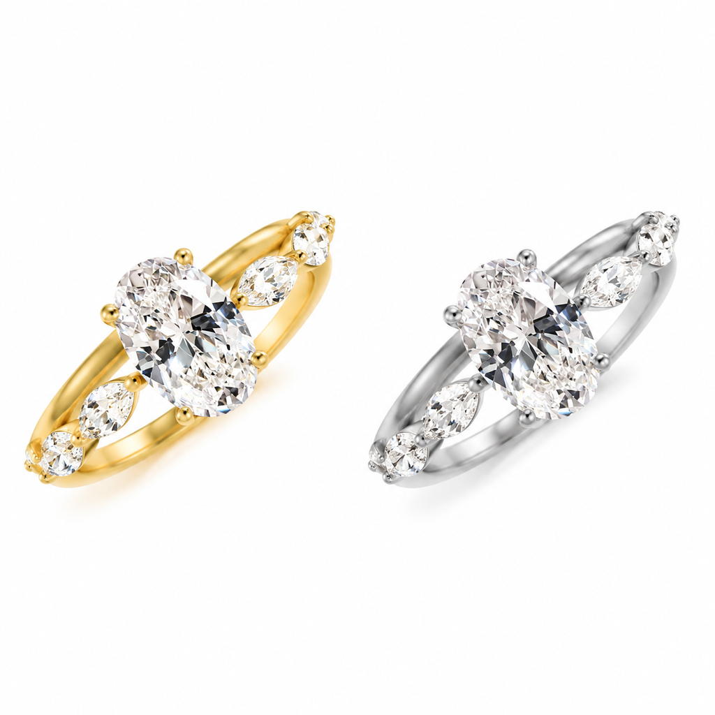 18K Gold Plated Oval Cubic Zirconia Engagement Ring, Marquise Accent CZ Promise Ring for Women