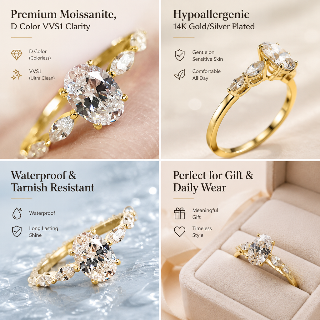 18K Gold Plated Oval Cubic Zirconia Engagement Ring, Marquise Accent CZ Promise Ring for Women