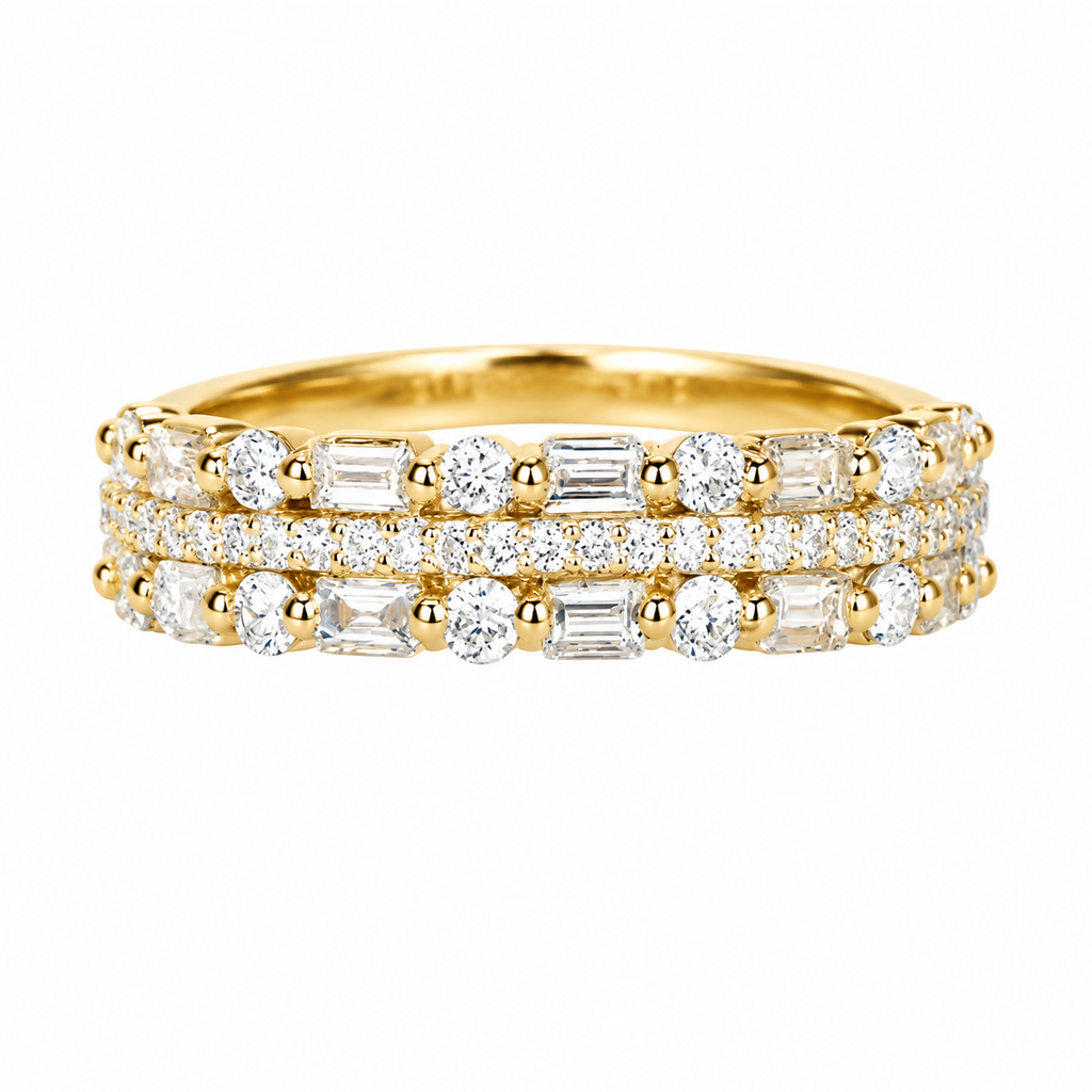18K Gold Plated Multi-Row Stacked Ring, Mixed Cut Cubic Zirconia Eternity Band for Women