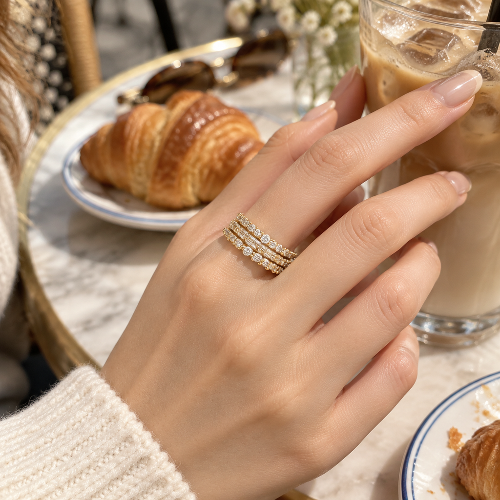 18K Gold Plated Multi-Row Stacked Ring, Mixed Cut Cubic Zirconia Eternity Band for Women