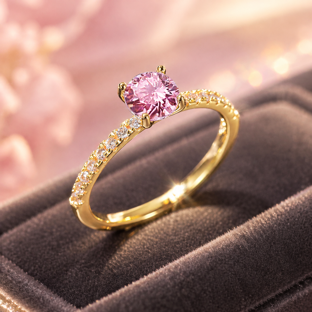 18K Gold Plated Round Pink Cubic Zirconia Ring, Pave CZ Band Promise Ring for Women