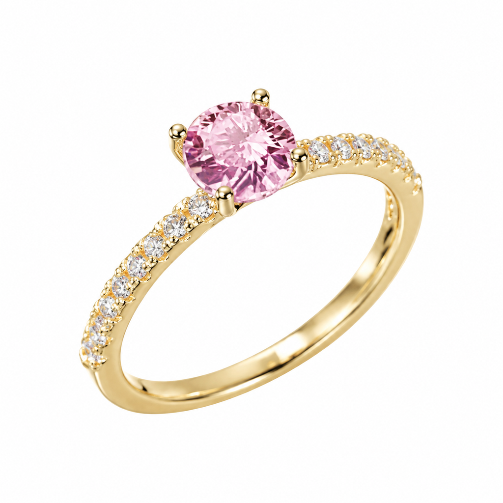 18K Gold Plated Round Pink Cubic Zirconia Ring, Pave CZ Band Promise Ring for Women