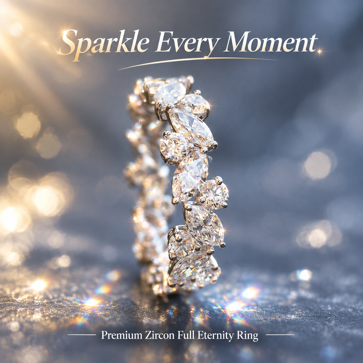 Silver Plated Marquise & Round Cubic Zirconia Eternity Band, Full Stone Stackable Ring for Women