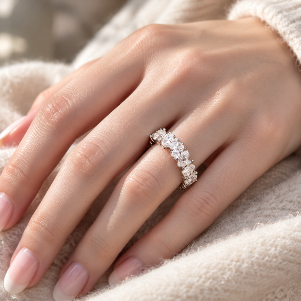 Silver Plated Marquise & Round Cubic Zirconia Eternity Band, Full Stone Stackable Ring for Women
