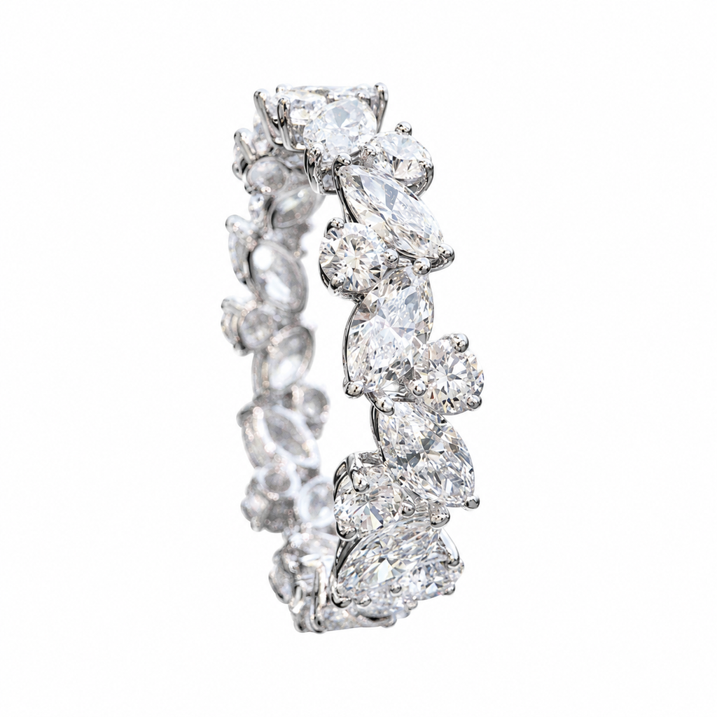 Silver Plated Marquise & Round Cubic Zirconia Eternity Band, Full Stone Stackable Ring for Women