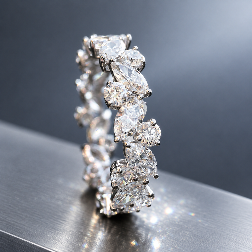 Silver Plated Marquise & Round Cubic Zirconia Eternity Band, Full Stone Stackable Ring for Women