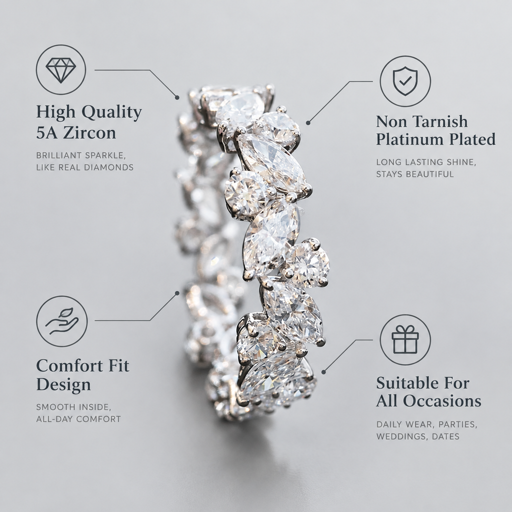 Silver Plated Marquise & Round Cubic Zirconia Eternity Band, Full Stone Stackable Ring for Women