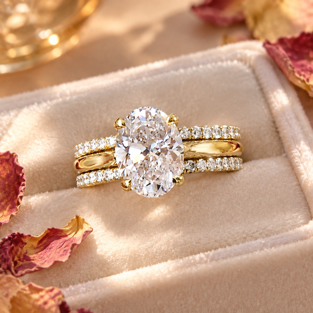 18K Gold Plated Oval Cubic Zirconia Engagement Ring Set, 3 Piece Stackable Wedding Band for Women