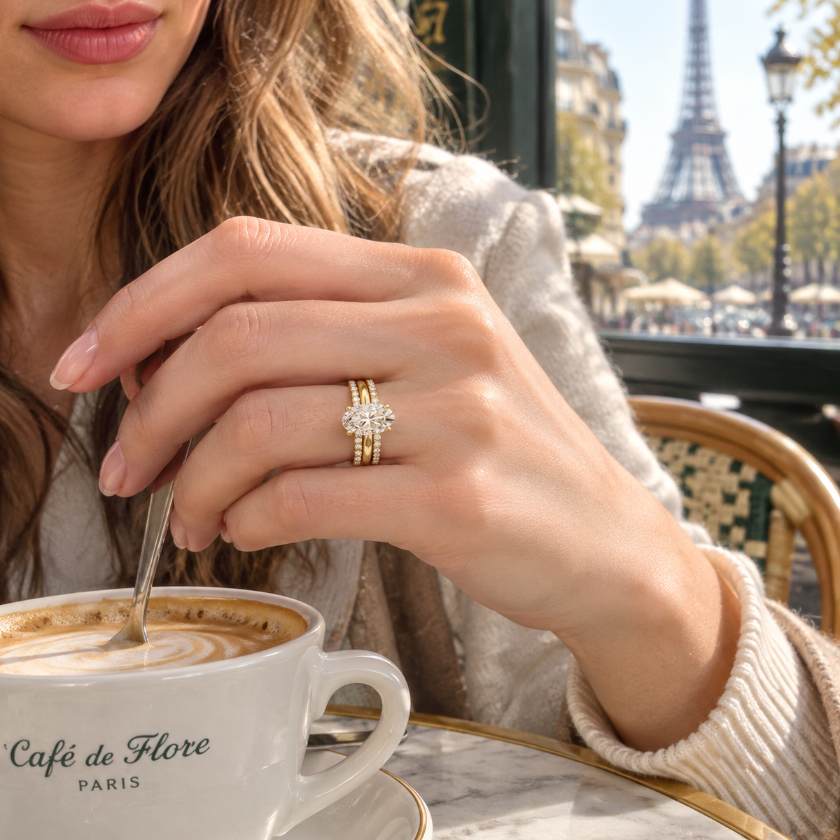 18K Gold Plated Oval Cubic Zirconia Engagement Ring Set, 3 Piece Stackable Wedding Band for Women