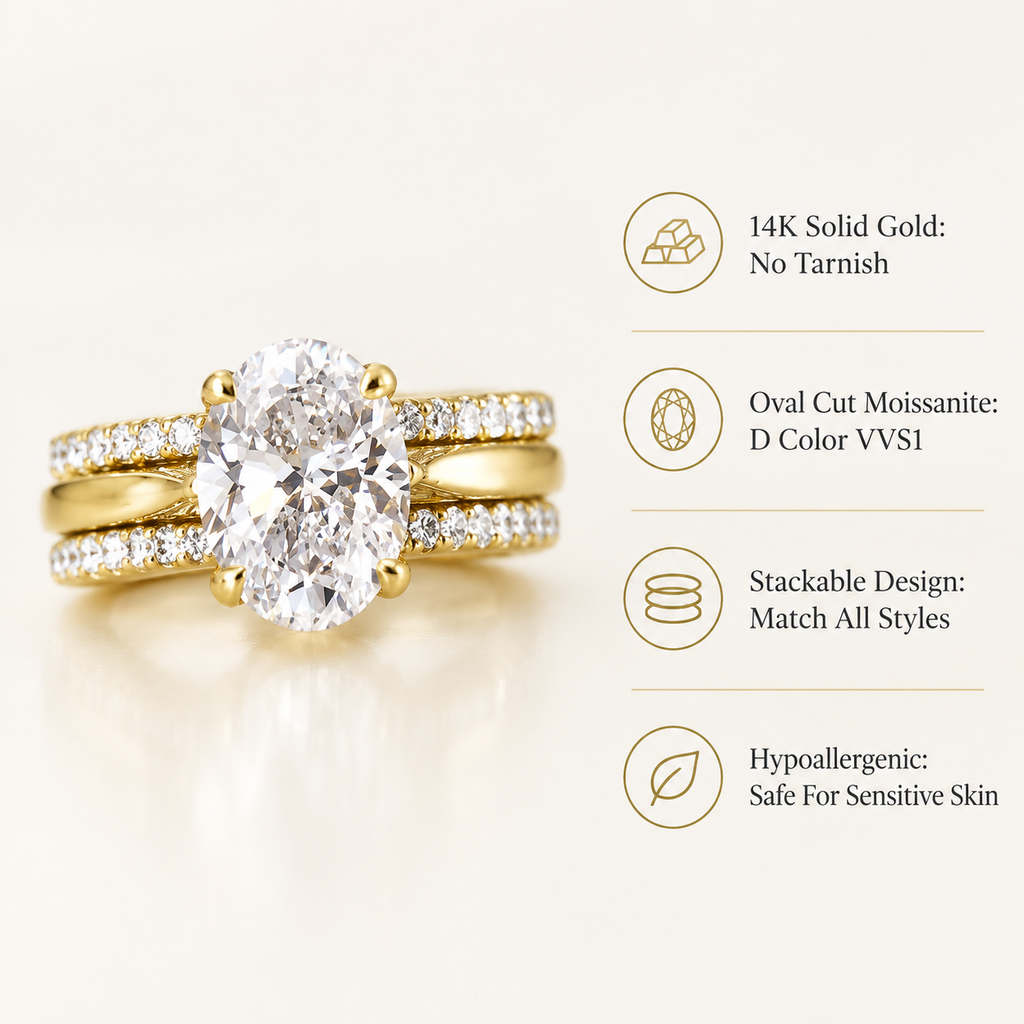 18K Gold Plated Oval Cubic Zirconia Engagement Ring Set, 3 Piece Stackable Wedding Band for Women
