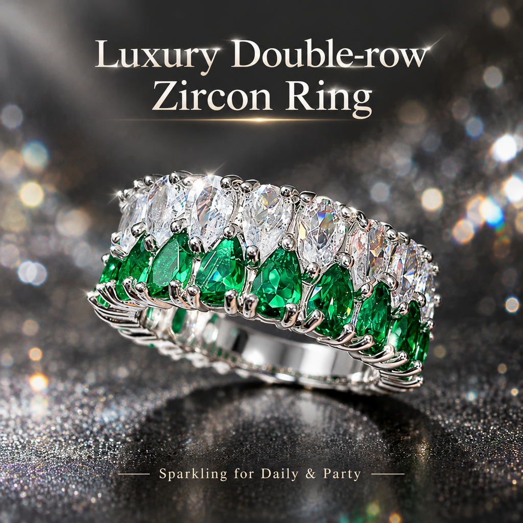 Silver Plated Double Row Pear Cut Green & Clear Cubic Zirconia Statement Ring for Women