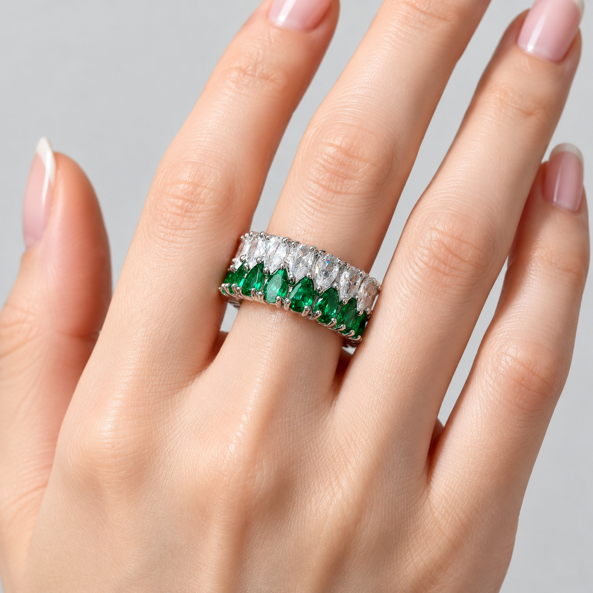 Silver Plated Double Row Pear Cut Green & Clear Cubic Zirconia Statement Ring for Women