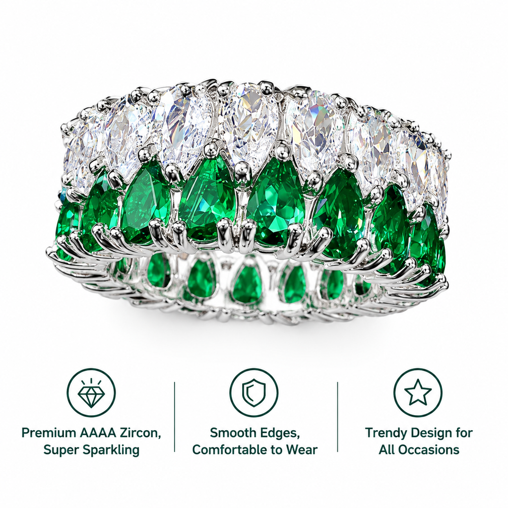 Silver Plated Double Row Pear Cut Green & Clear Cubic Zirconia Statement Ring for Women